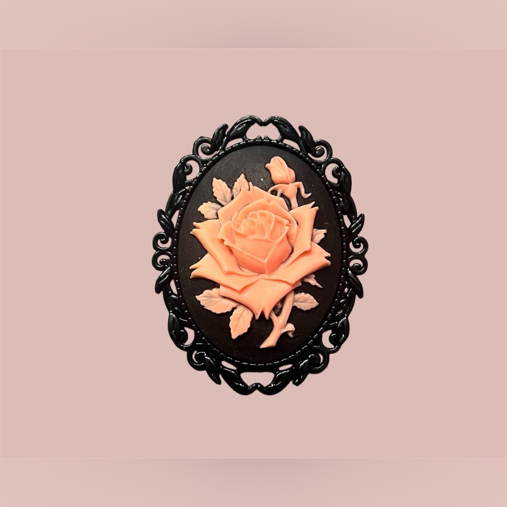Black Cameo Rose Brooch – Sherbet Orange Accent